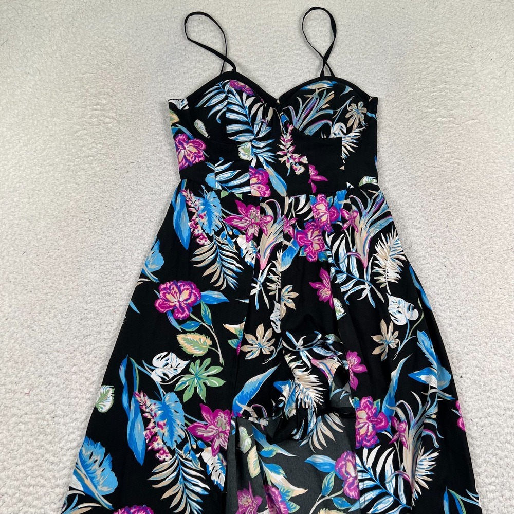 Band of Gypsies Romper Dress Women XS Floral Spaghetti Strap Boho Black Tropical